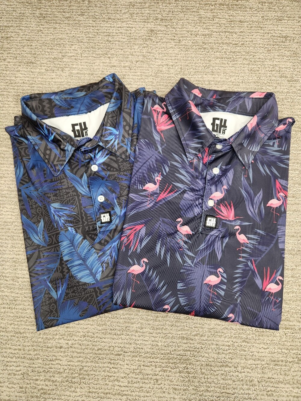 Greater Half Set Of 2 Polo Shirts Mens XL AOP Flamingo Blue Leaf Golf Quick Dry